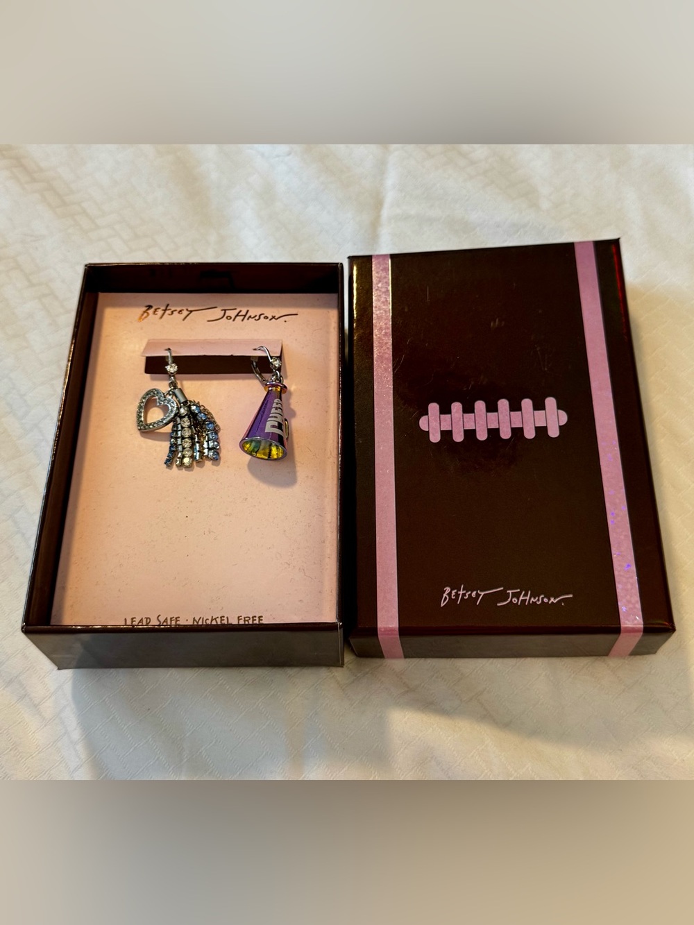 Betsey Johnson Purple Megaphone & Rhinestone Heart Dangle Earrings